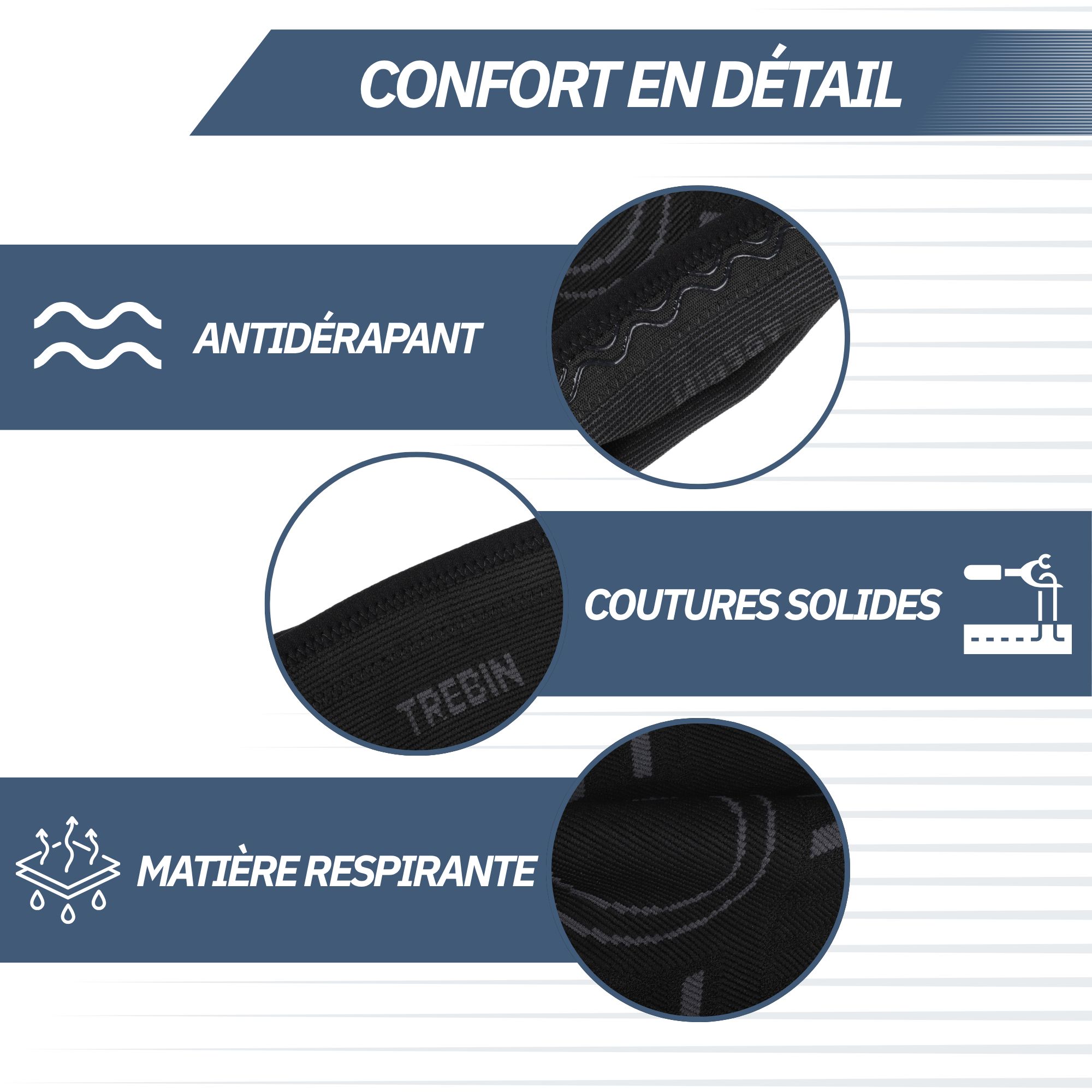 Genouillère noire avec anneau en silicone et attaches velcro.