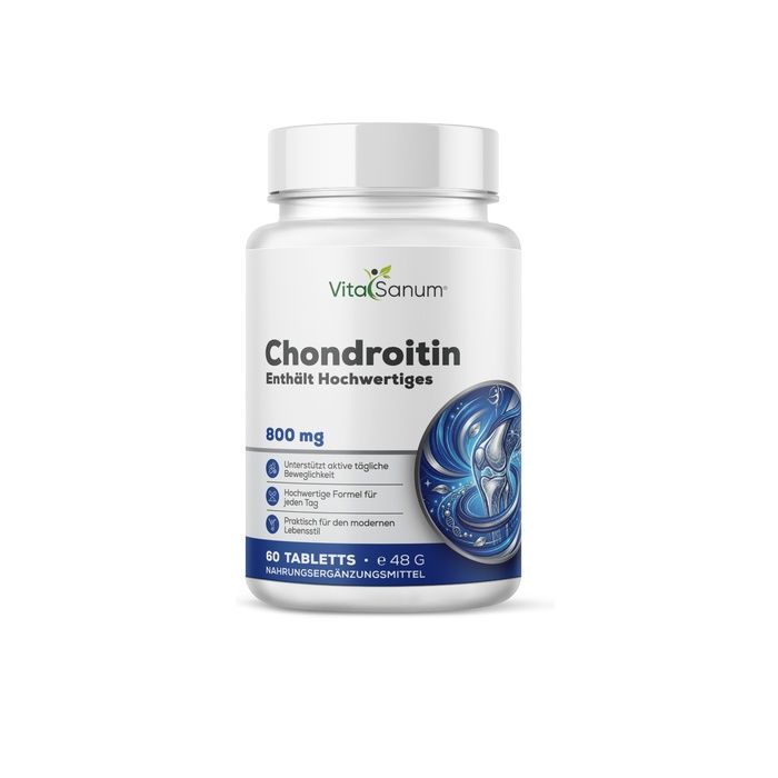VitaSanum Chondroïtine 800 mg Comprimés: Flacon blanc avec étiquette bleue, motif articulation. Contient 60 comprimés.