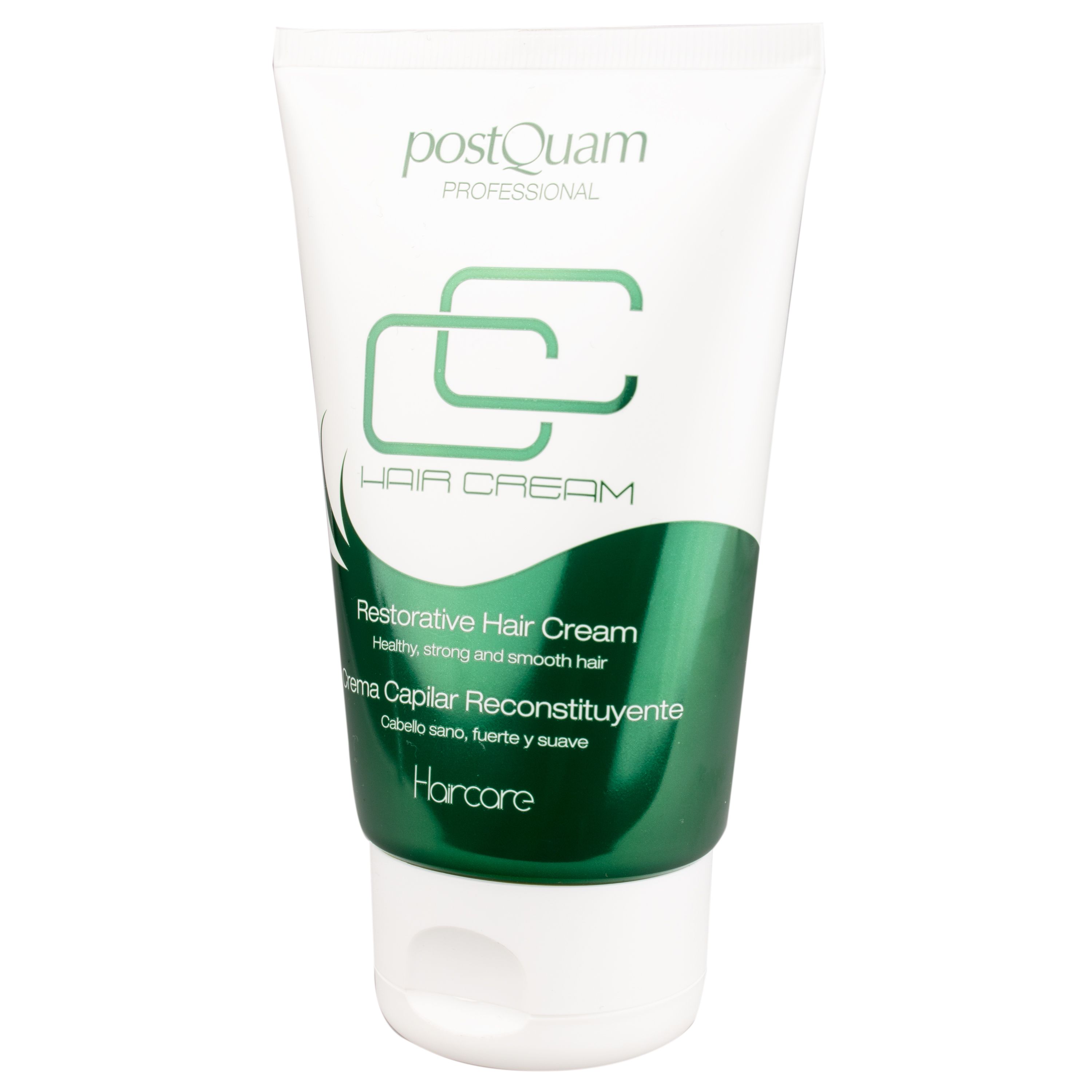 Witte tube met groene band. Tekst: Restorative Hair Cream, PostQuam Professional. Opschriften in het Engels en Spaans.