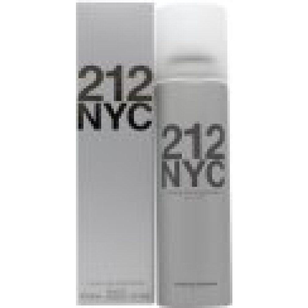 Deospray en verpakking. Zilverkleurige spray met witte dop. Opschrift: 212 NYC, verfrissende deodorant.
