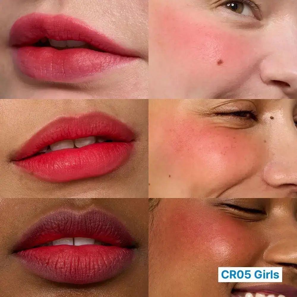 Verschillende lippen en wangen met rode tint. Tekst: CR05 Girls.