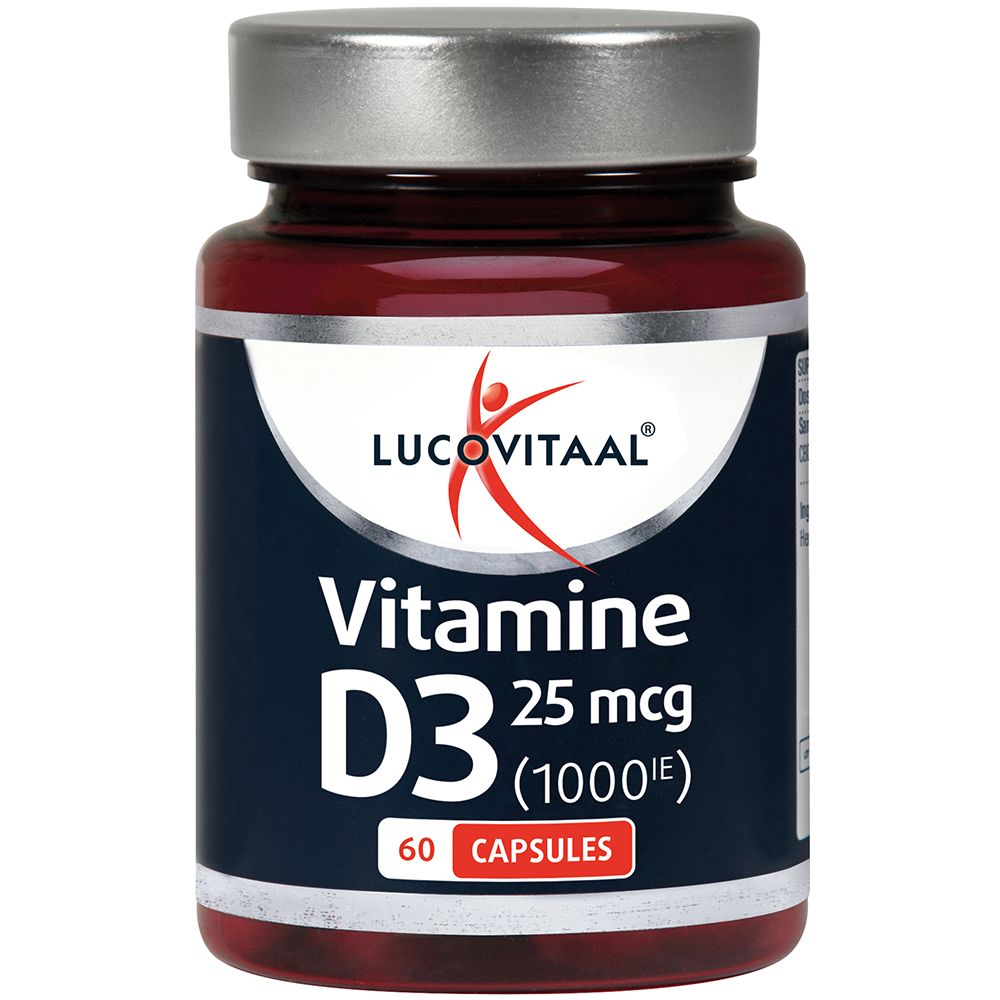 Bruine fles met zilveren dop. Bevat Lucovitaal Vitamine D3. Opschrift: 25 mcg (1000IE), 60 capsules.