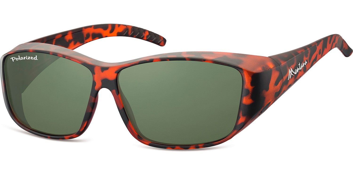 Zonnebril met bruin schildpadpatroon. Groene glazen, opschrift "Polarized" en "Montana".
