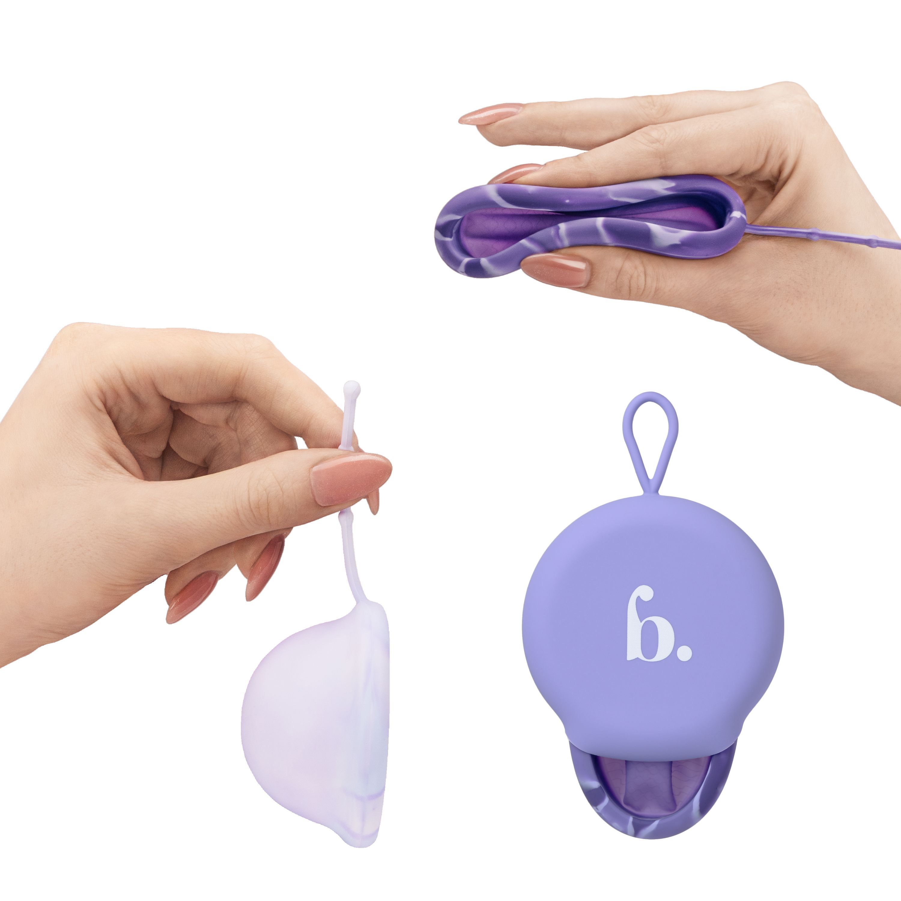 Deux kits de soins menstruels, chacun avec une coupe, un étui et des instructions.