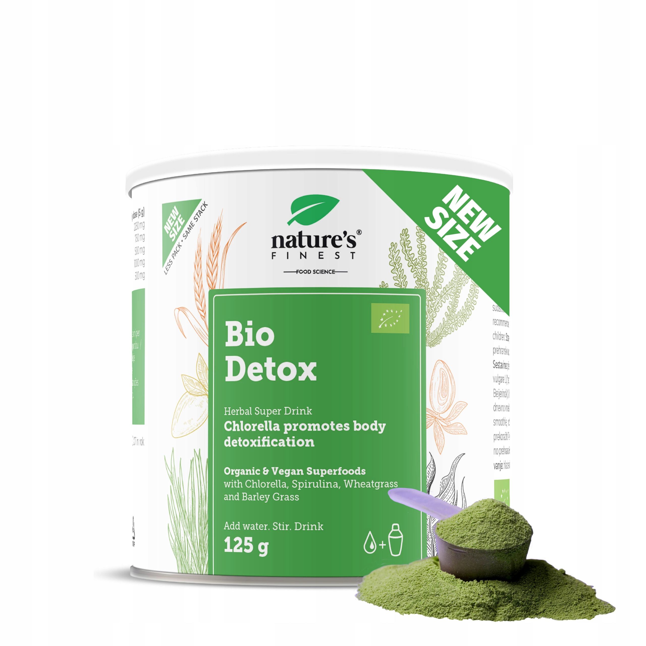 Boîte Nature's Finest Bio DETOX Mix, 125g, avec poudre verte et cuillère.