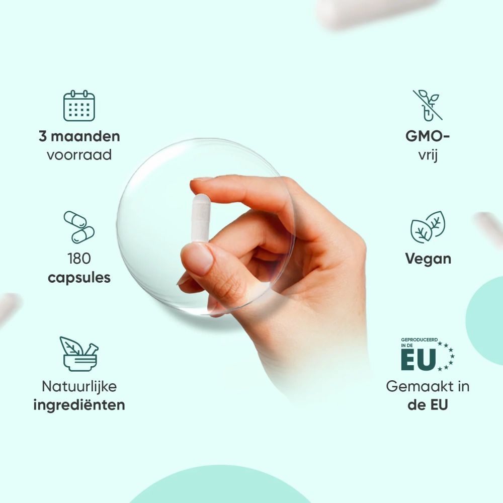 Hand houdt capsule vast. 180 capsules. Ingrediënten: paardenbloemextract, groene thee-extract, appelciderazijn, etc. Vegan, EU.