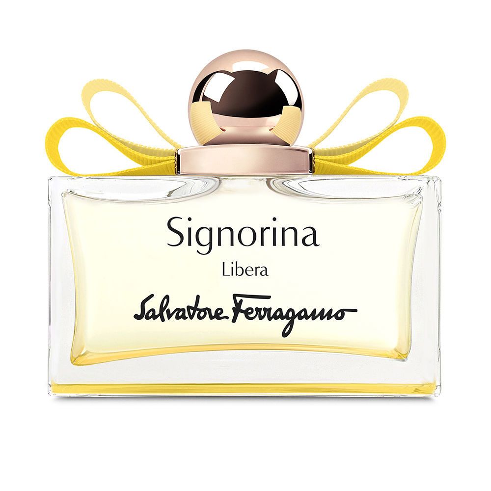 Flacon Salvatore Ferragamo Signorina Libera. Flacon rectangulaire avec bouchon doré et nœud jaune.