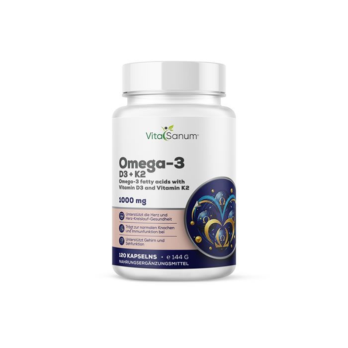 Flacon blanc de gélules Omega-3 D3+K2. Nom du produit et informations sur l'étiquette.
