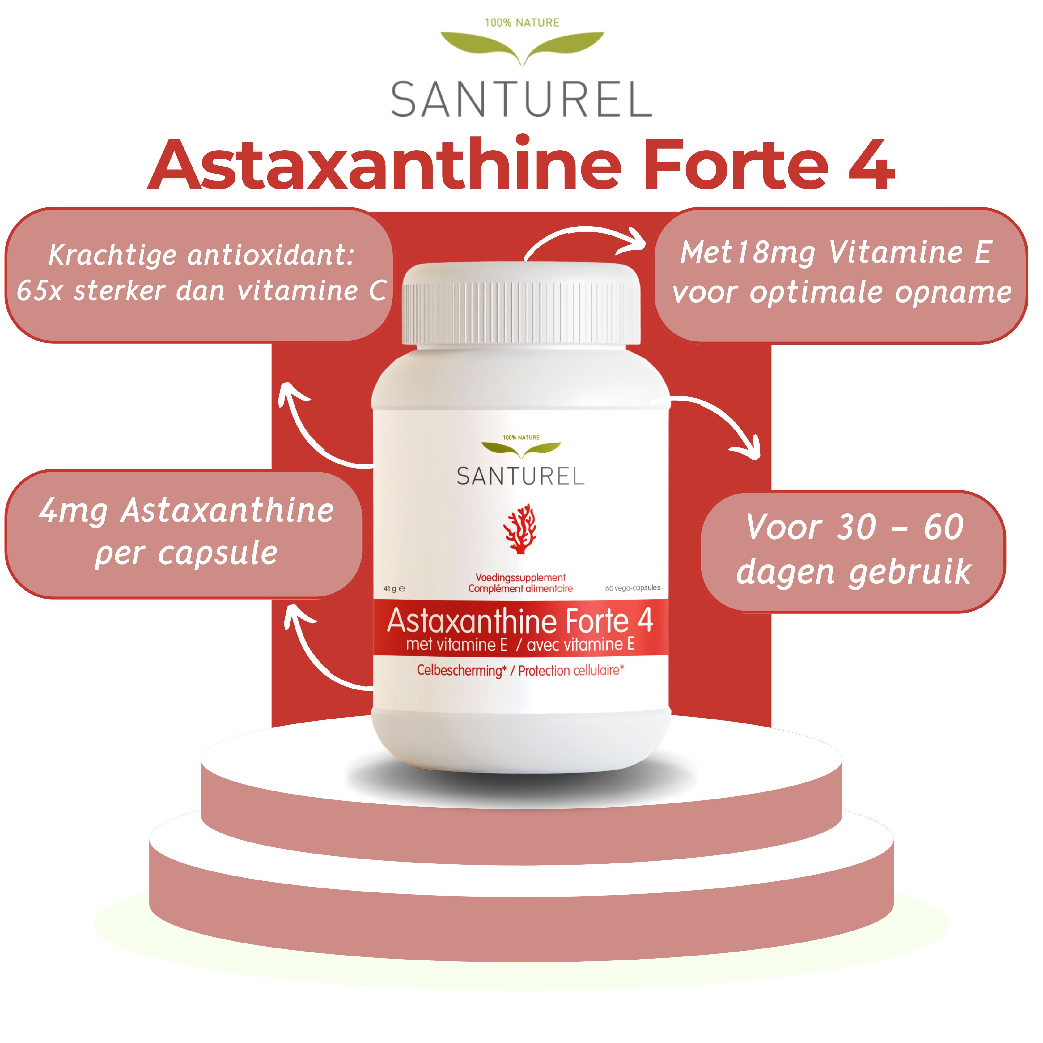 Fles Santurel Astaxanthine Forte 4 mg op voetstuk. Tekst: 4 mg astaxanthine, 18mg vitamine E.