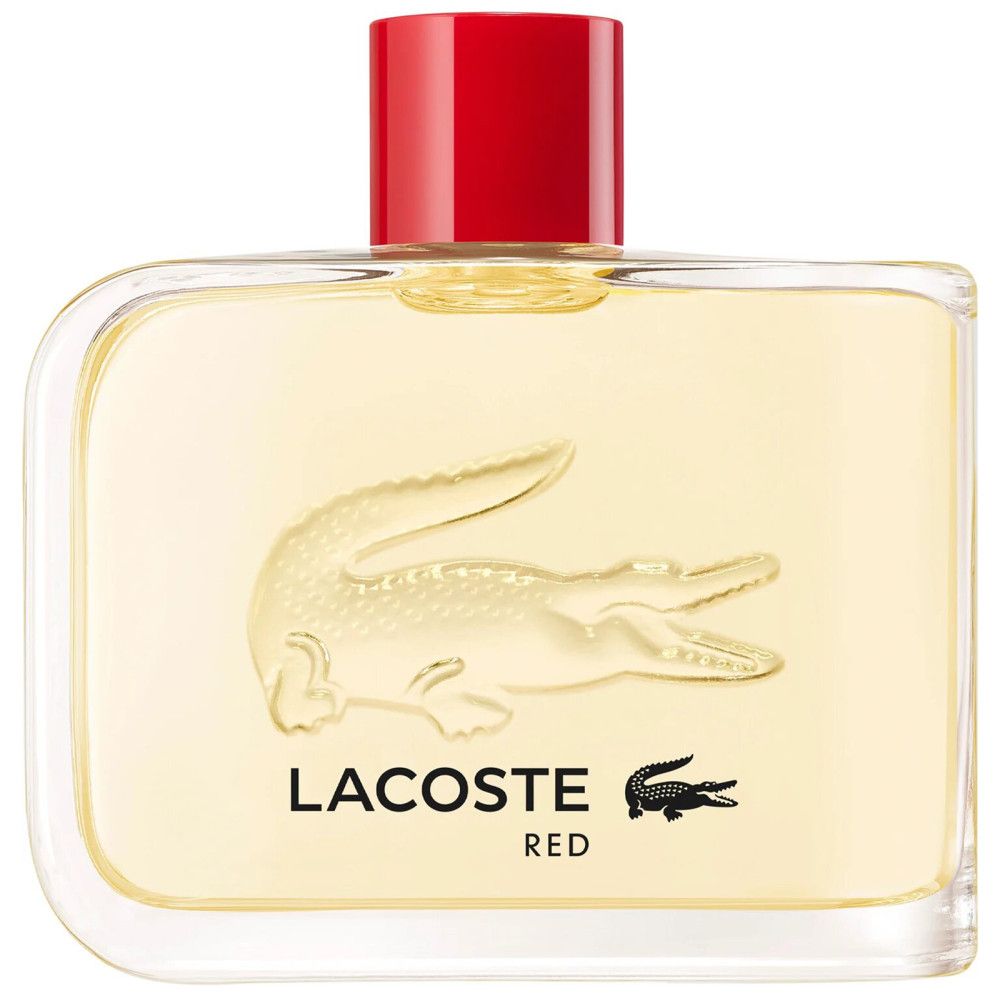 Lacoste Red Eau de Toilette. Flacon rectangulaire en verre, bouchon rouge. Logo crocodile et texte sur le flacon.