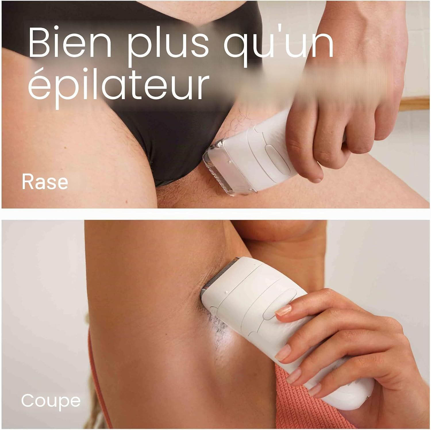 Une main tient un épilateur blanc sur la zone pubienne d'une personne. Texte : 'Bien plus qu'un épilateur' et 'Rase'.