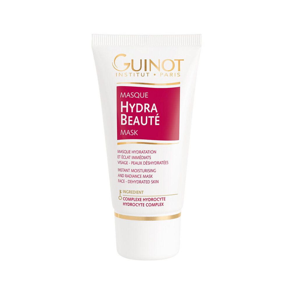 Witte tube met gouden accenten. Opschrift: Guinot, Masque Hydra Beaut, Moisture-Supplying Radiance Mask. Tekst in het Frans en Engels.