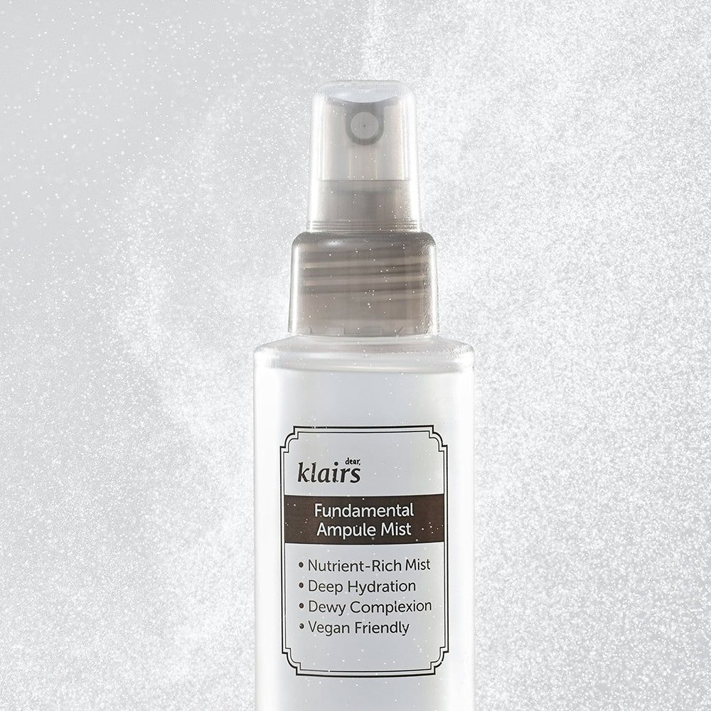 Brume Klairs Fundamental Ampoule. Bouteille avec brume. Étiquette avec nom et caractéristiques du produit. 125 ml.