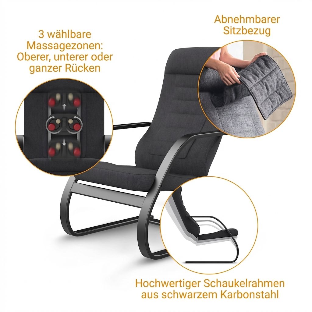 Zwarte relaxfauteuil met afneembare stoelhoes en hoogwaardig schommelstoelframe.