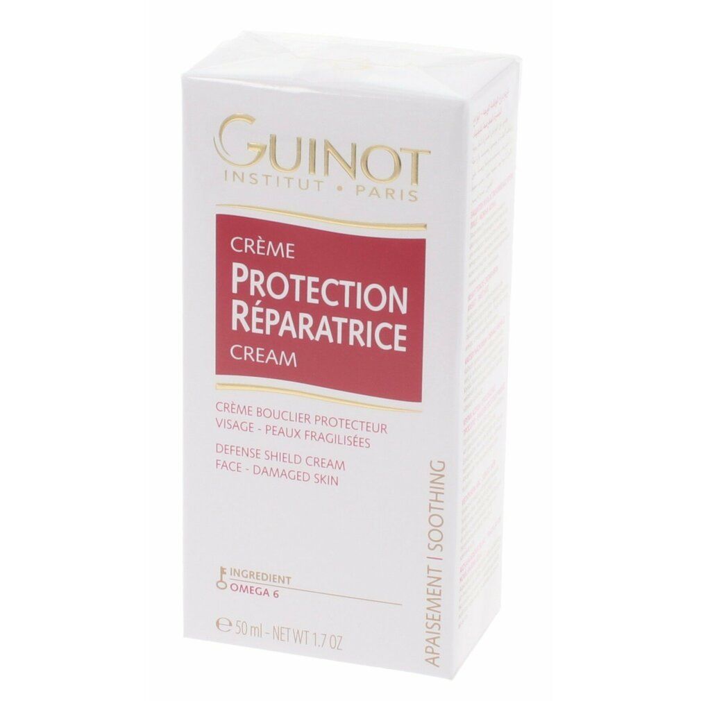 Productverpakking. Tekst: Crème Protection Réparatrice. Merk: Guinot. Omega 6. 50ml.