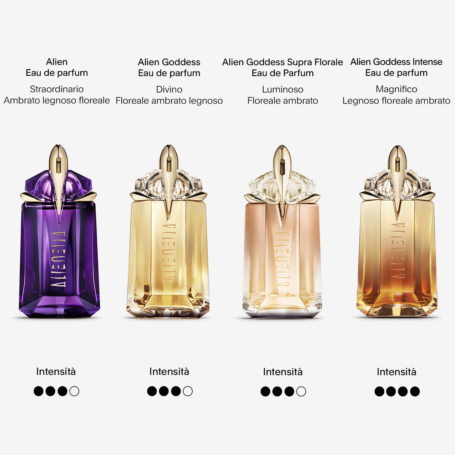 Quatre flacons : Alien, Alien Goddess, Alien Goddess Supra Florale, Alien Goddess Intense. Texte : Alien.