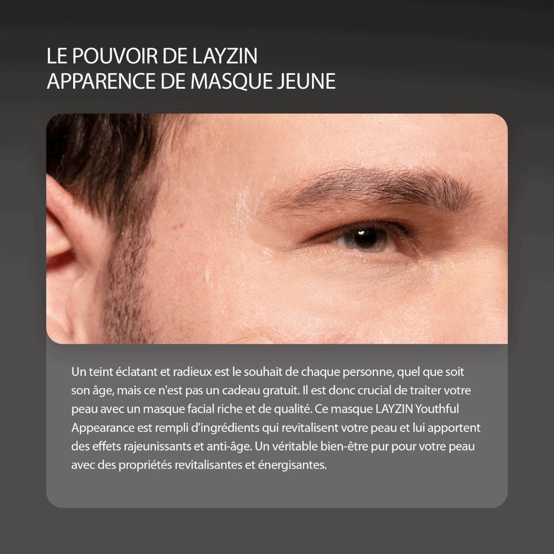 Flacon et emballage. Texte: Youthful Appearance Mask, Anti-âge & raffermissement de la peau.