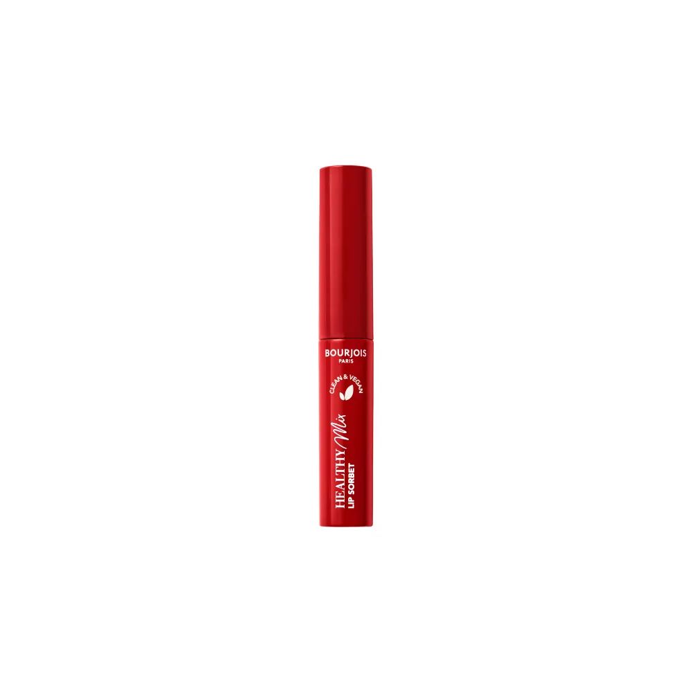 Rouge à lèvres rouge, forme cylindrique, avec inscription Healthy Mix Lip Sorbet et Bourjois Paris. Vegan.