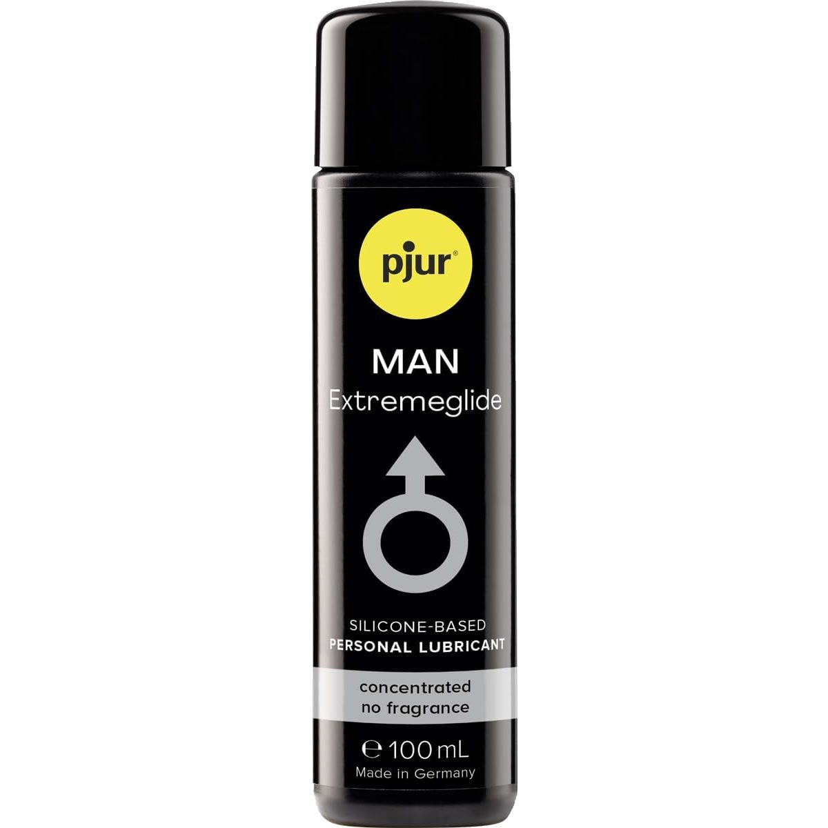 Zwarte fles met geel logo. Productnaam: pjur MAN Extreme Glide. Mannelijkheidssymbool. Siliconenbasis, zonder geur.