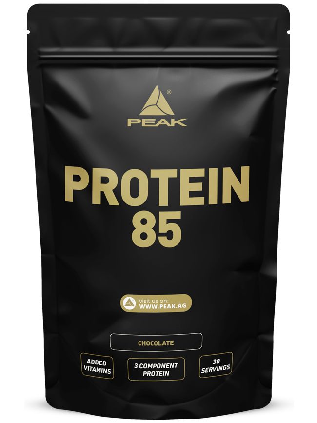Sachet noir PEAK Protein 85 Chocolate avec inscription dorée.