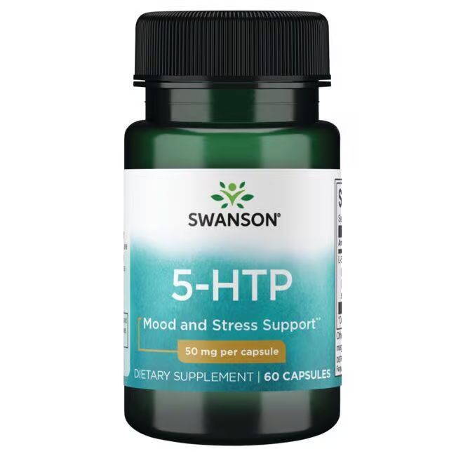 Flacon vert avec bouchon noir. Étiquette SWANSON, 5-HTP, 50 mg par capsule, 60 capsules. Soutien de l'humeur et du stress.