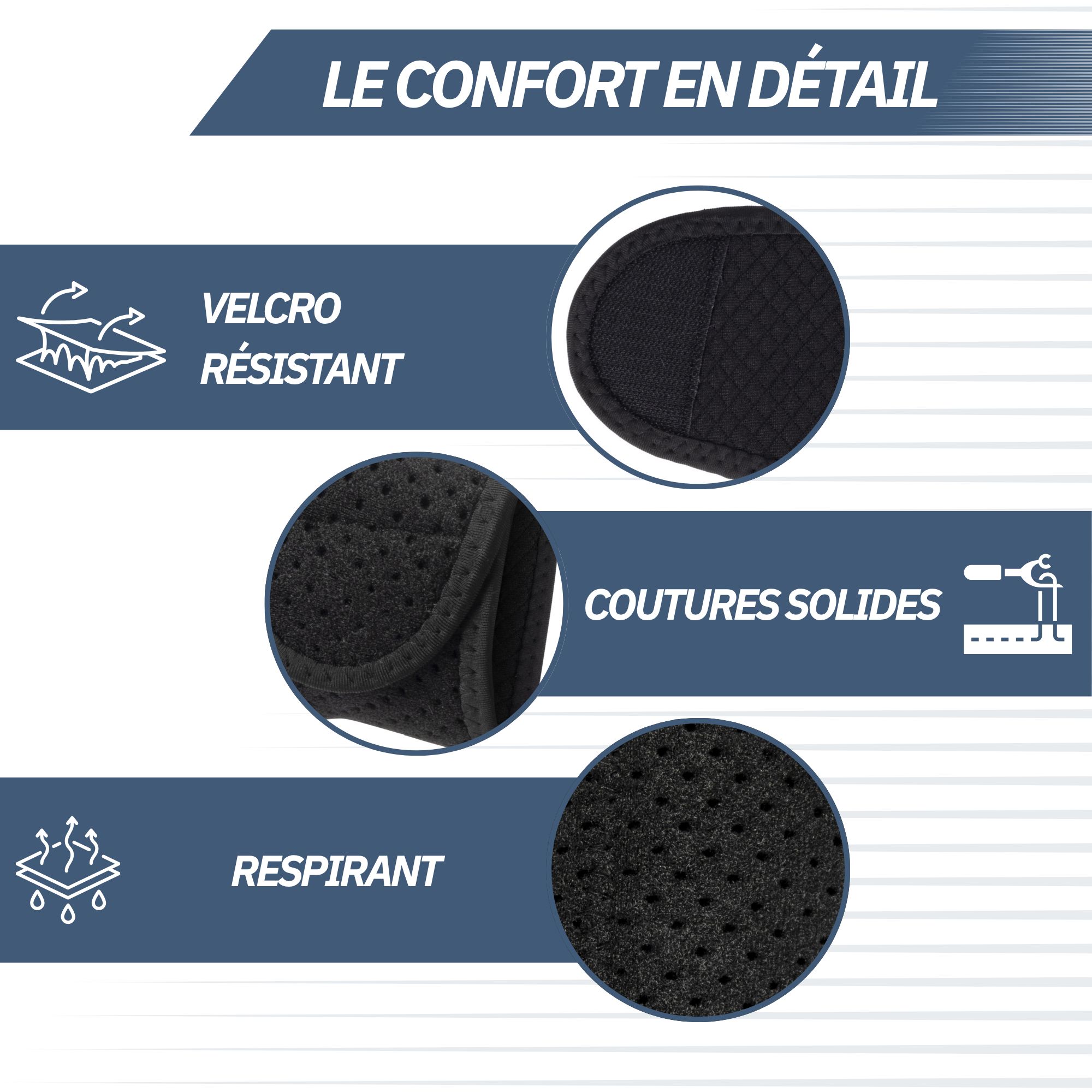 Attelle de poignet noire avec velcro résistant et design ergonomique.
