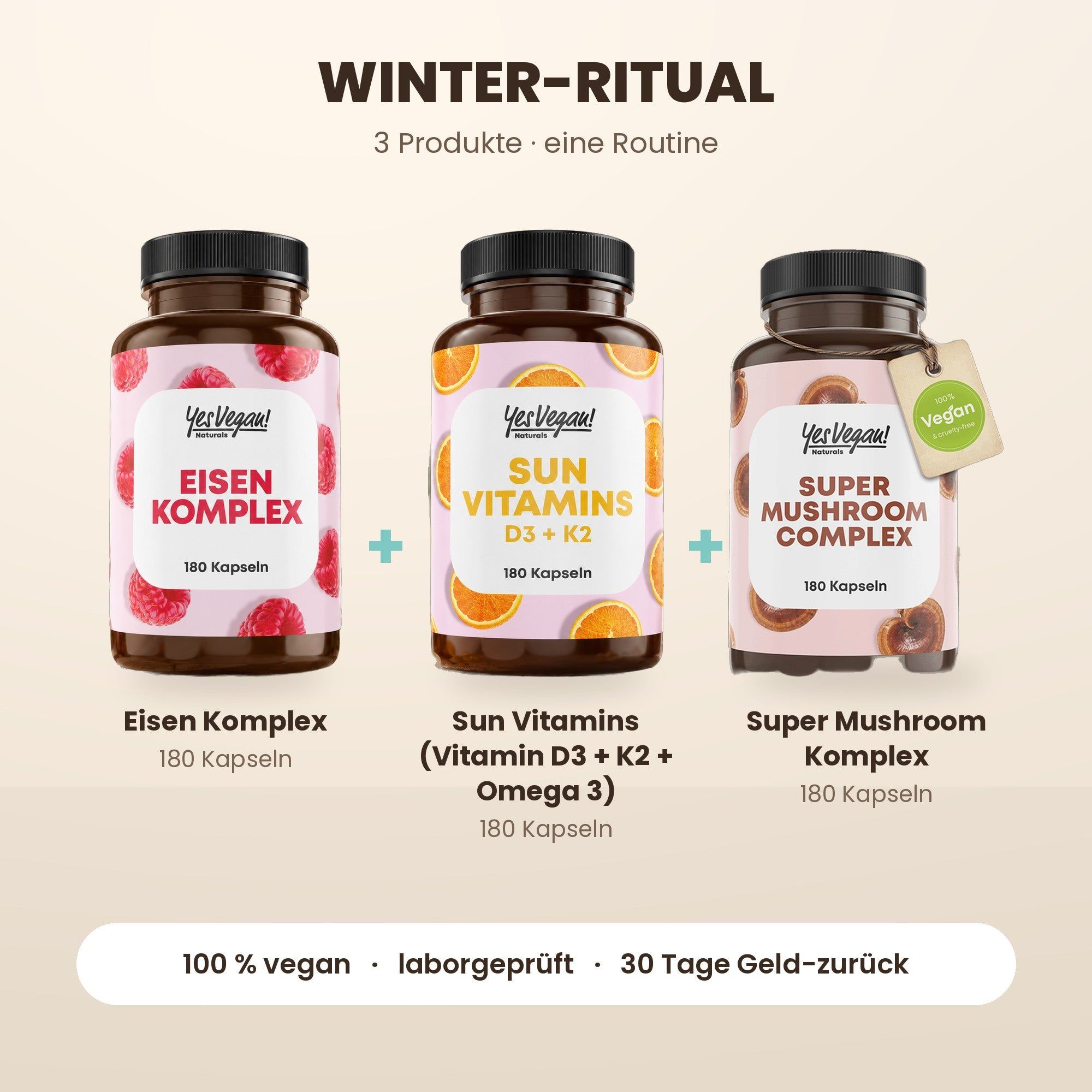 Deux produits Yes Vegan!: Ashwagandha + B1+B6+B12 (365 gélules) et Complexe Magnésium (250 gélules).