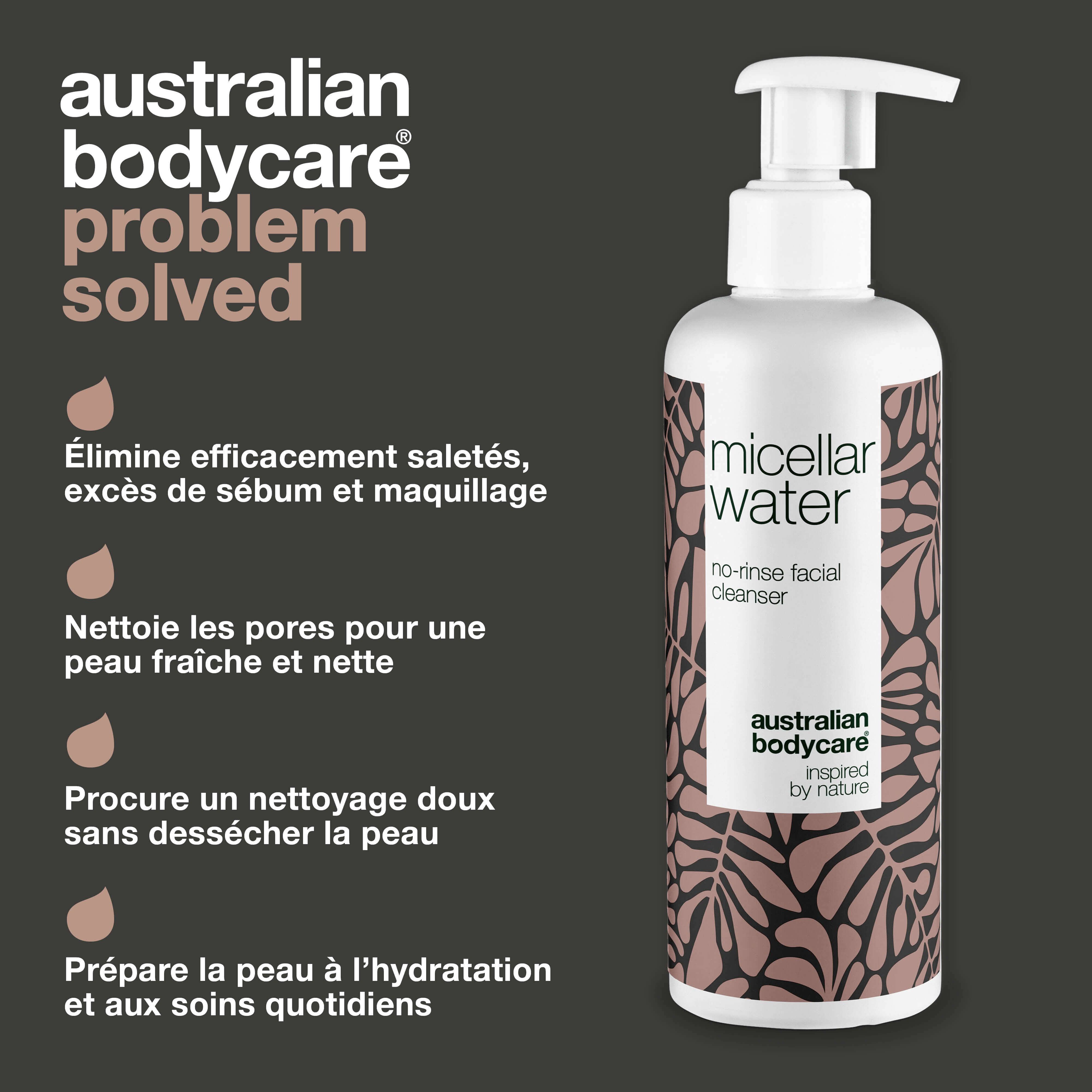 Flacon Micellar Water. Texte : Australian Bodycare. Solution : élimine saletés, excès de sébum et maquillage. Nettoie les pores. Prépare la peau.