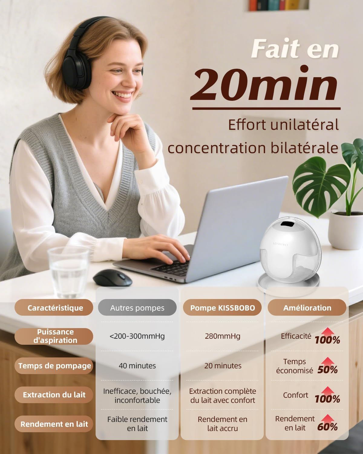 Femme avec casque travaille sur ordinateur portable, à côté une tire-lait et un tableau comparatif.
