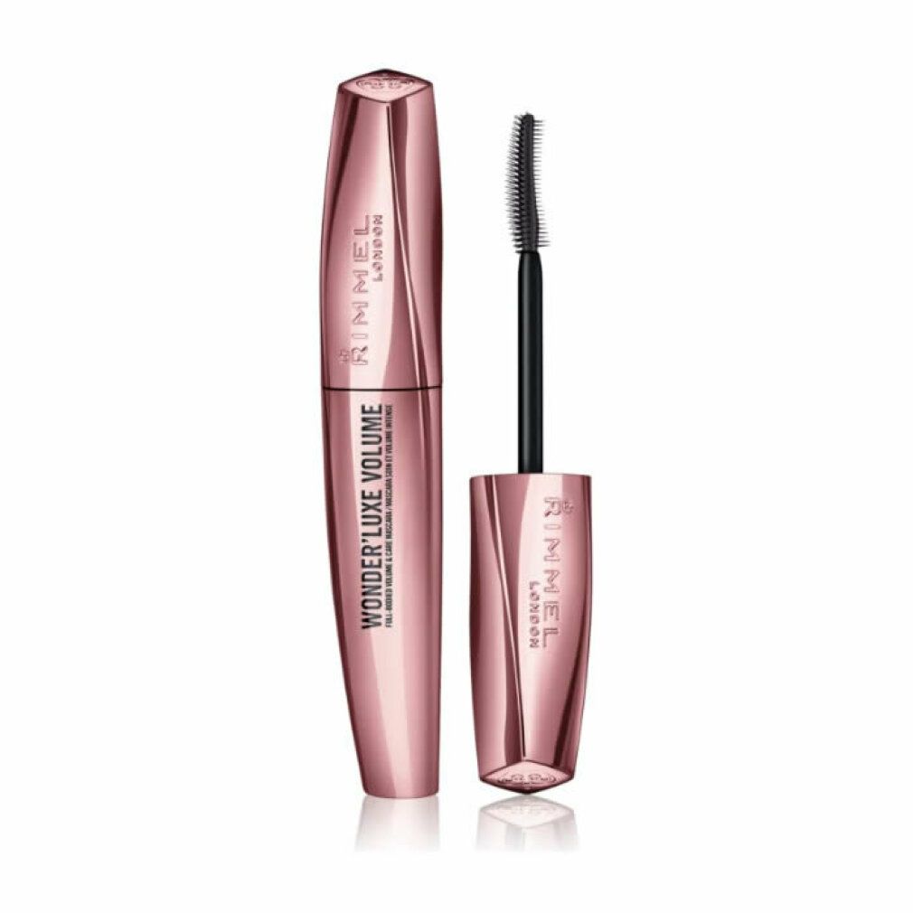 Mascara Rimmel London Wonder'Luxe Volume. Étui rose, brosse noire. Capuchon ouvert.