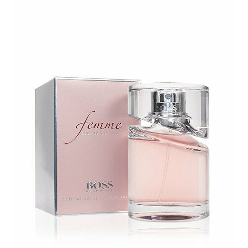 Roze parfumfles met zilveren verstuiver en roze verpakking. Opschrift: BOSS Femme.