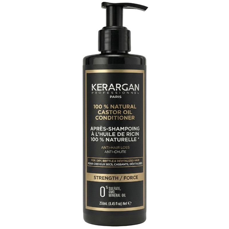 Zwarte fles met pomp. Opschrift: Kerargan, 100% Natural Castor Oil Conditioner. Anti-haaruitval. 0% sulfaat, minerale olie.