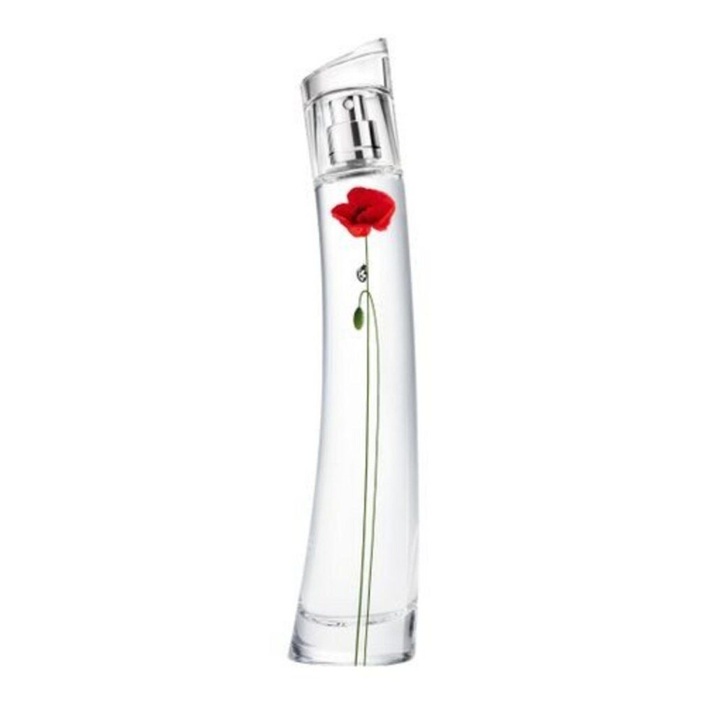 Parfumfles met klaproos. Transparante fles met zilveren verstuiver. Gebogen vorm.