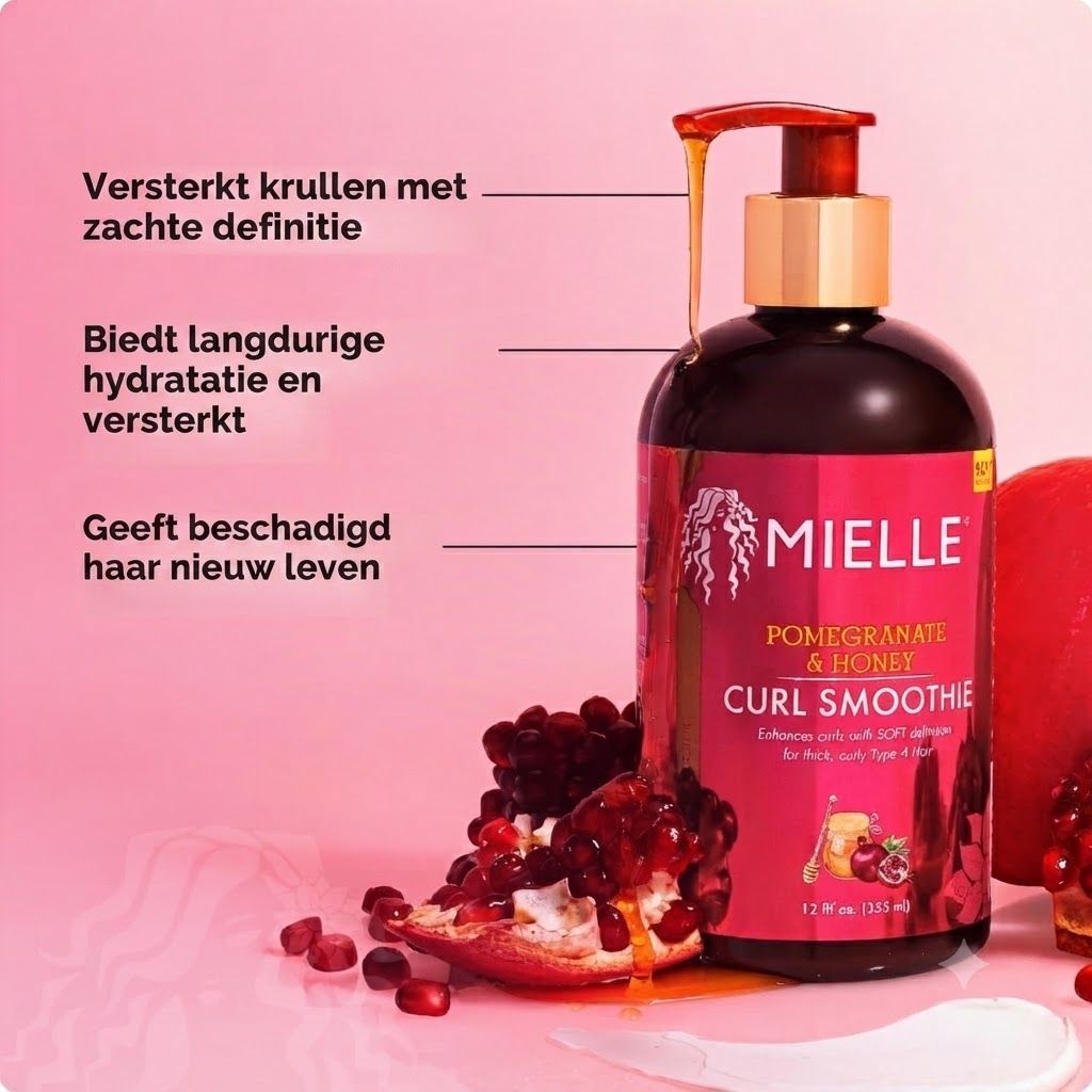 Mielle Pomegranate & Honey Curl Smoothie fles met pompdispenser.