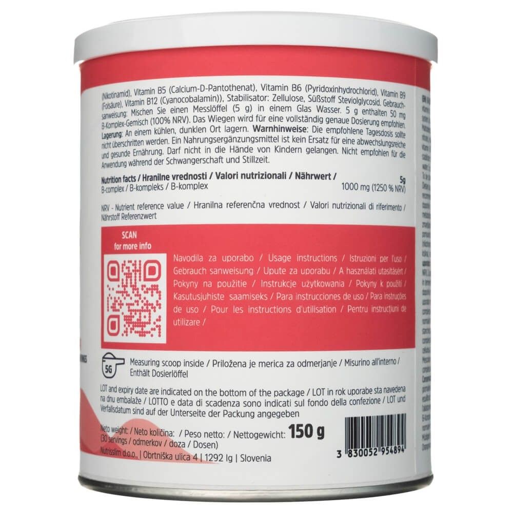 Een blik voedingssupplementen, 150g. Bevat een maatlepel. Voedings- en gebruiksinstructies zijn afgedrukt.