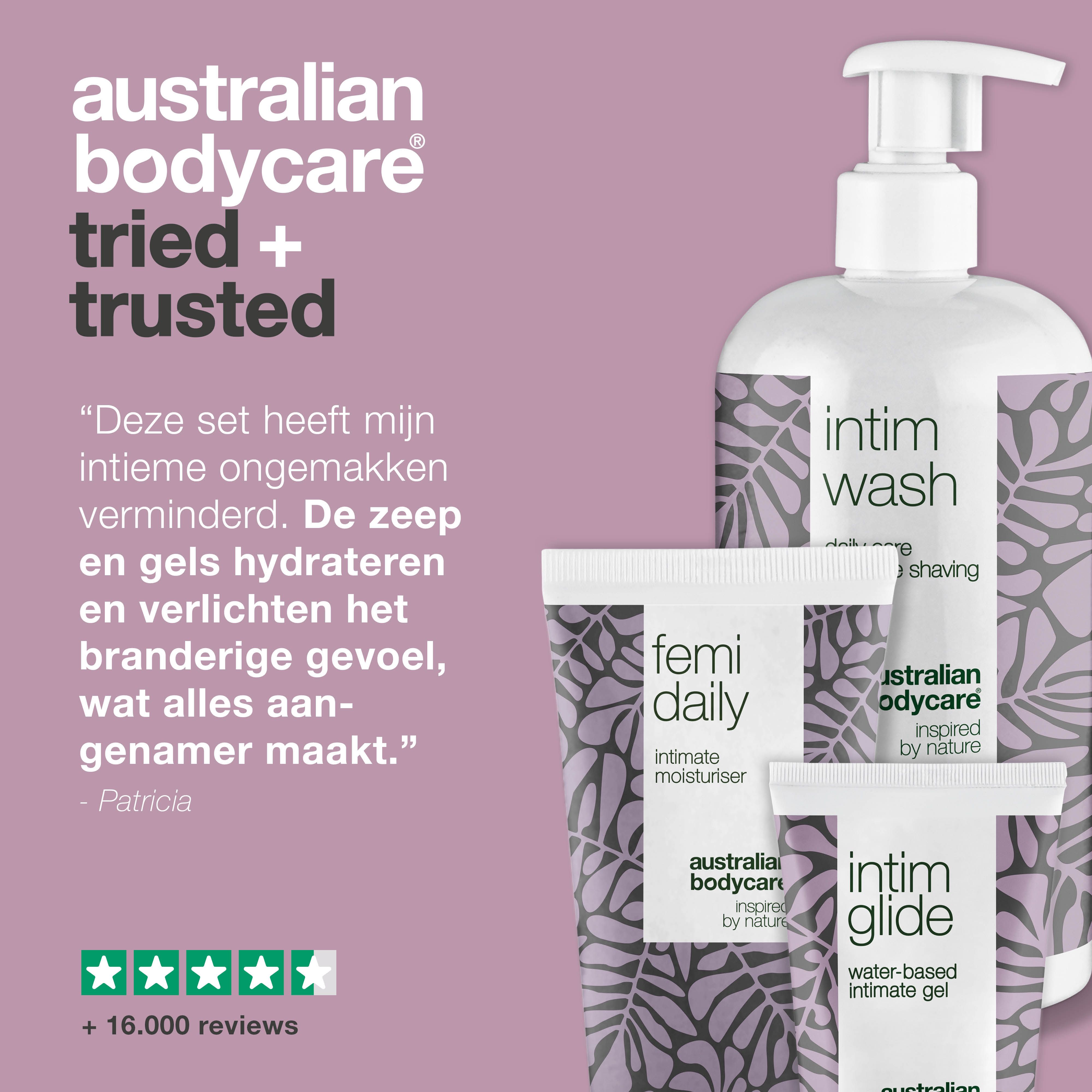 Productset: Intim Wash, Femi Daily, Intim Glide. Citaat: Helpt bij ongemakken. 5 sterren, +16.000 beoordelingen.