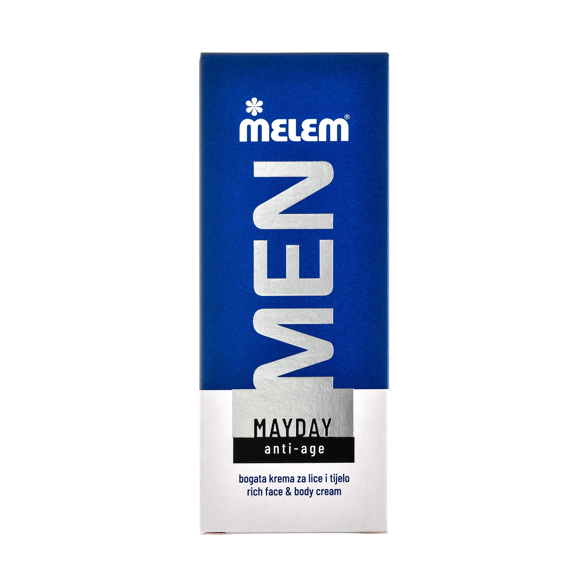 Emballage bleu avec texte blanc. "MEN" et "MAYDAY anti-âge" visibles. Marque : Melem.