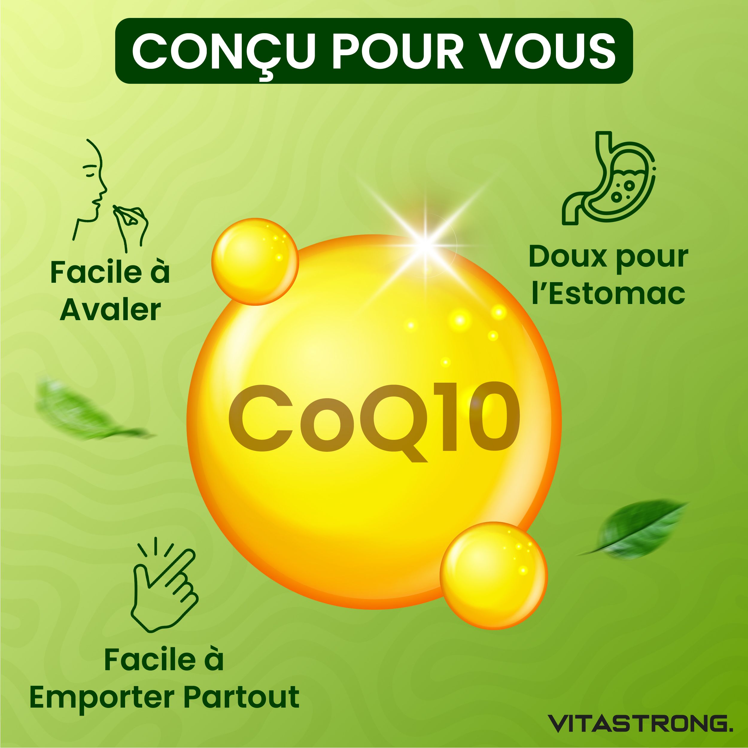 Mannen en fles. Co-enzym Q10, 200mg, 120 capsules. Voordelen: bescherming, vitaliteit, welzijn.