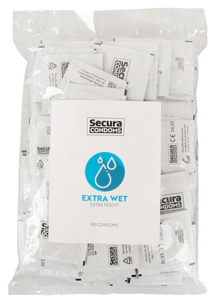 Pack de 100 préservatifs Secura Extra Wet. Préservatifs emballés individuellement.