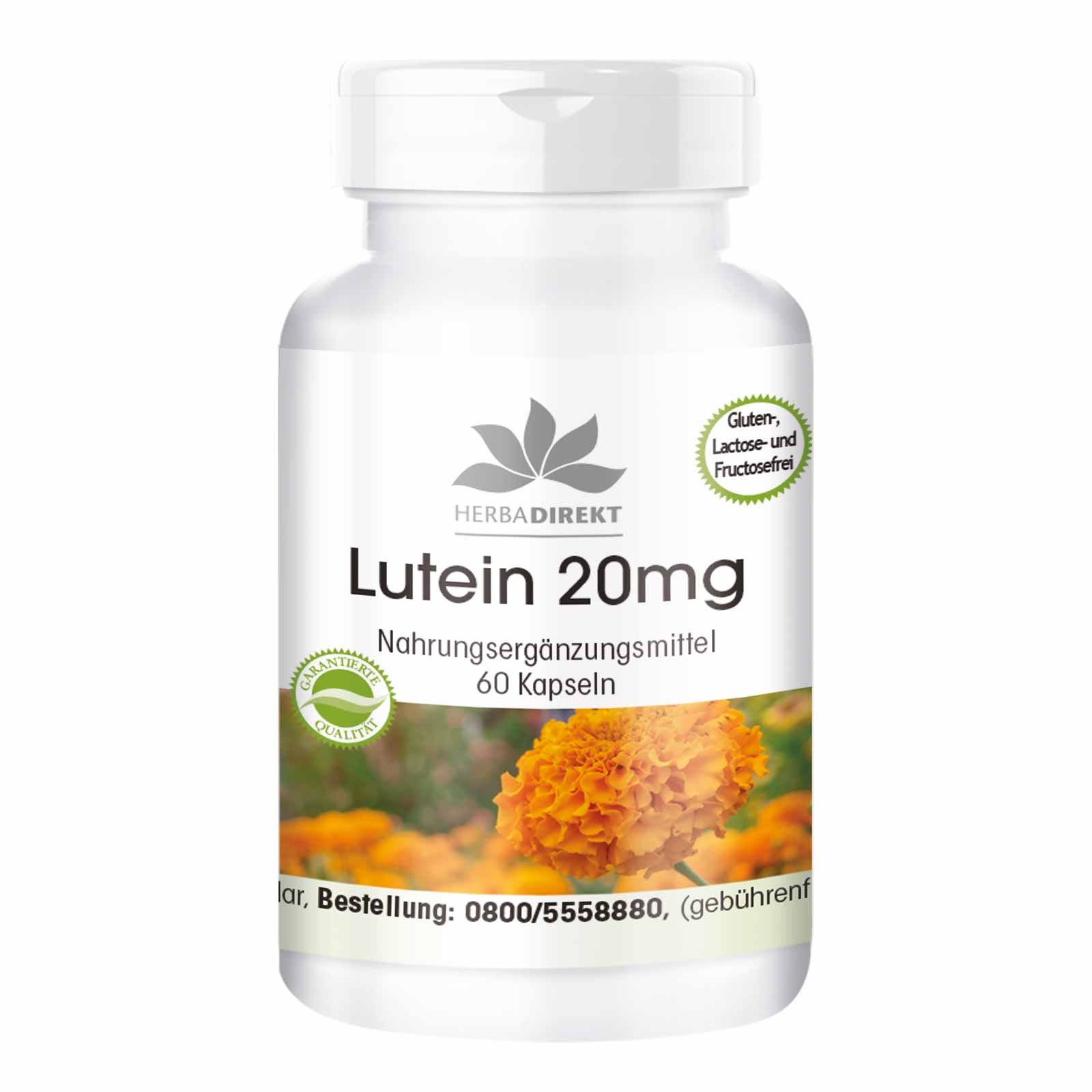 Witte fles met capsules. Opschrift: Lutein 20mg, 60 capsules. Logo: Herbadirekt. Groen: Glutenvrij, lactosevrij en fructosevrij. Afbeelding: Oranje bloemen.