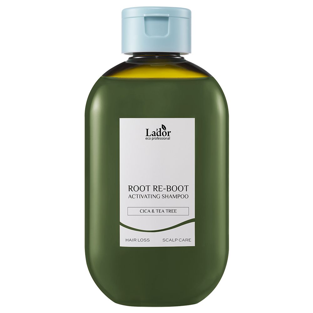Groene fles Lador Root Re-Boot Shampoo activator Cica & Tea Tree voor haar en hoofdhuid.