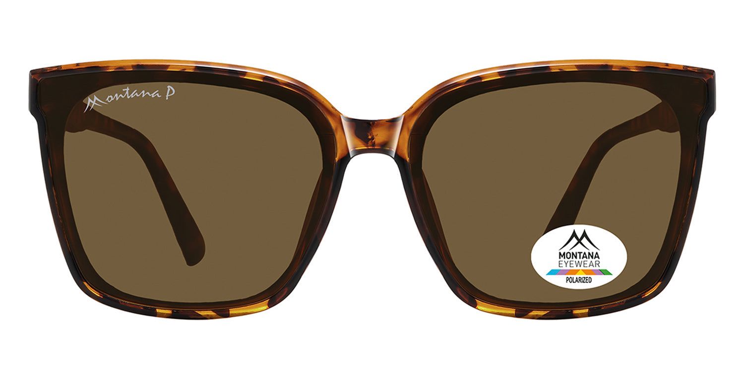 Lunettes de soleil marron et monture écaille. Logo Montana Eyewear sur la branche et le verre. Verres polarisés.