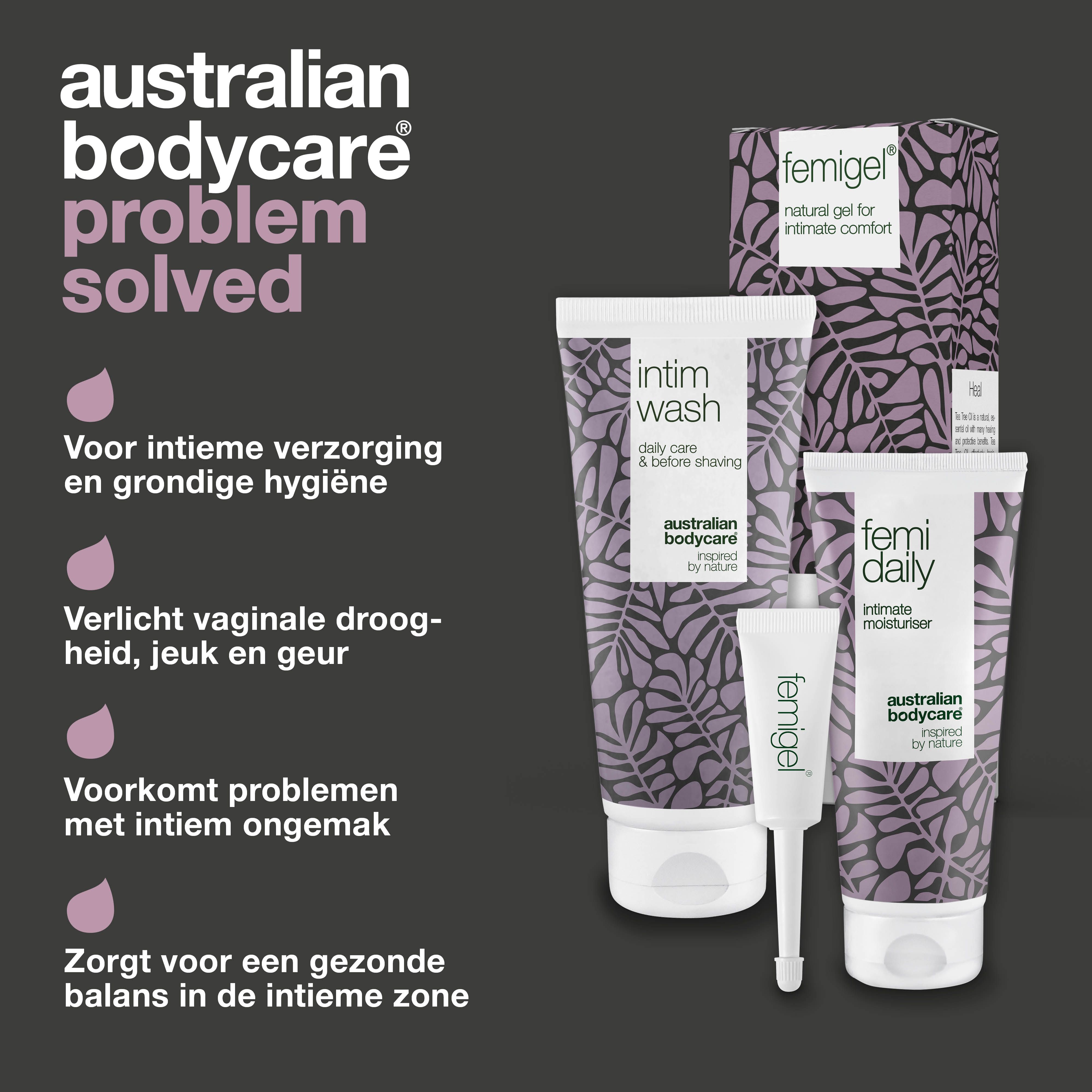 Infographic: probleem opgelost. Producten: wasgel, moisturizer en intieme gel. Merk: Australian Bodycare.