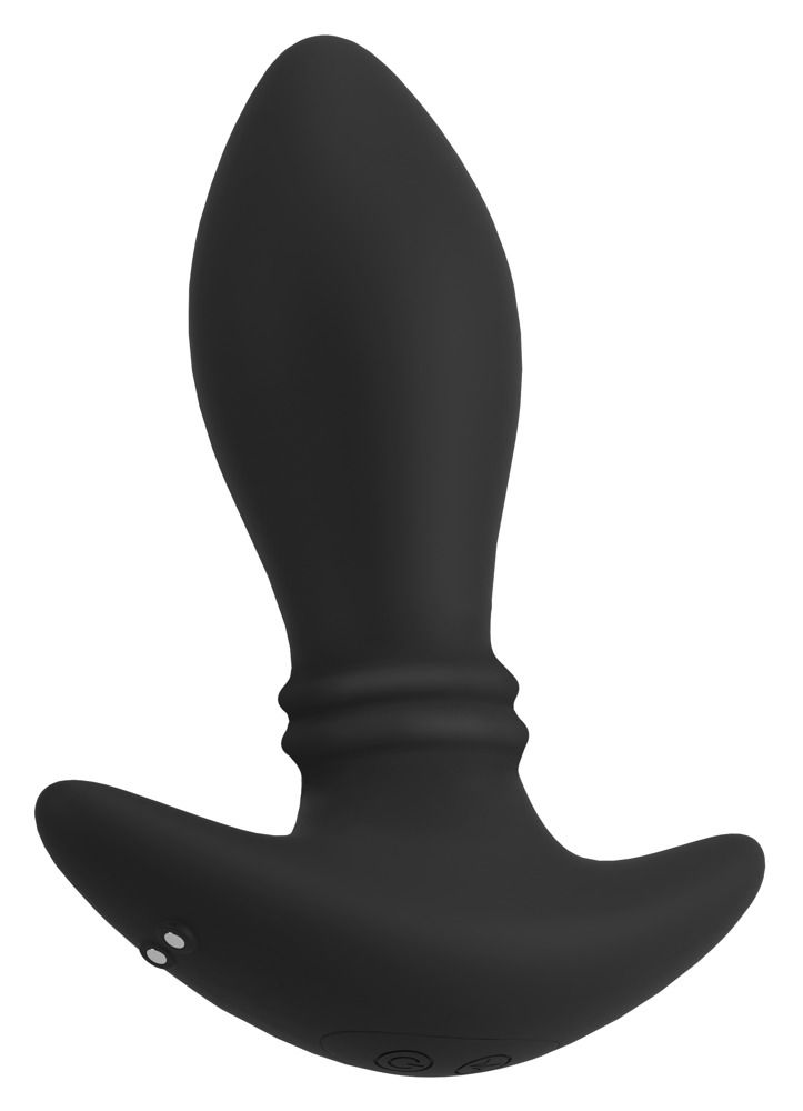 Anos RC Moving Rings Butt Plug noir avec poignée en T et indicateurs de charge sur fond blanc.