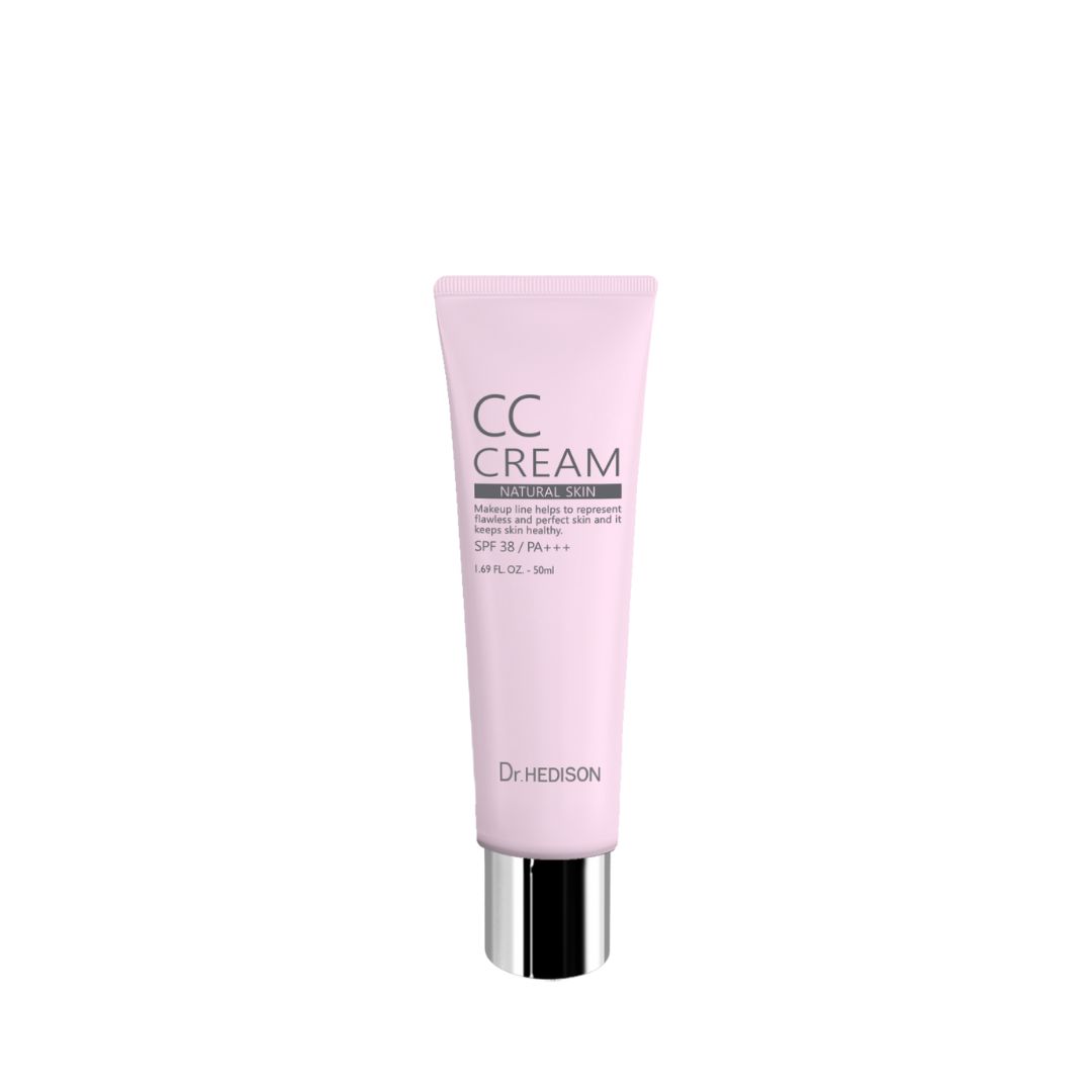 Tube rose avec inscription "CC CREAM". Texte : NATURAL SKIN, SPF 38/PA+++. Marque : Dr. HEDISON. Bouchon à vis argenté.