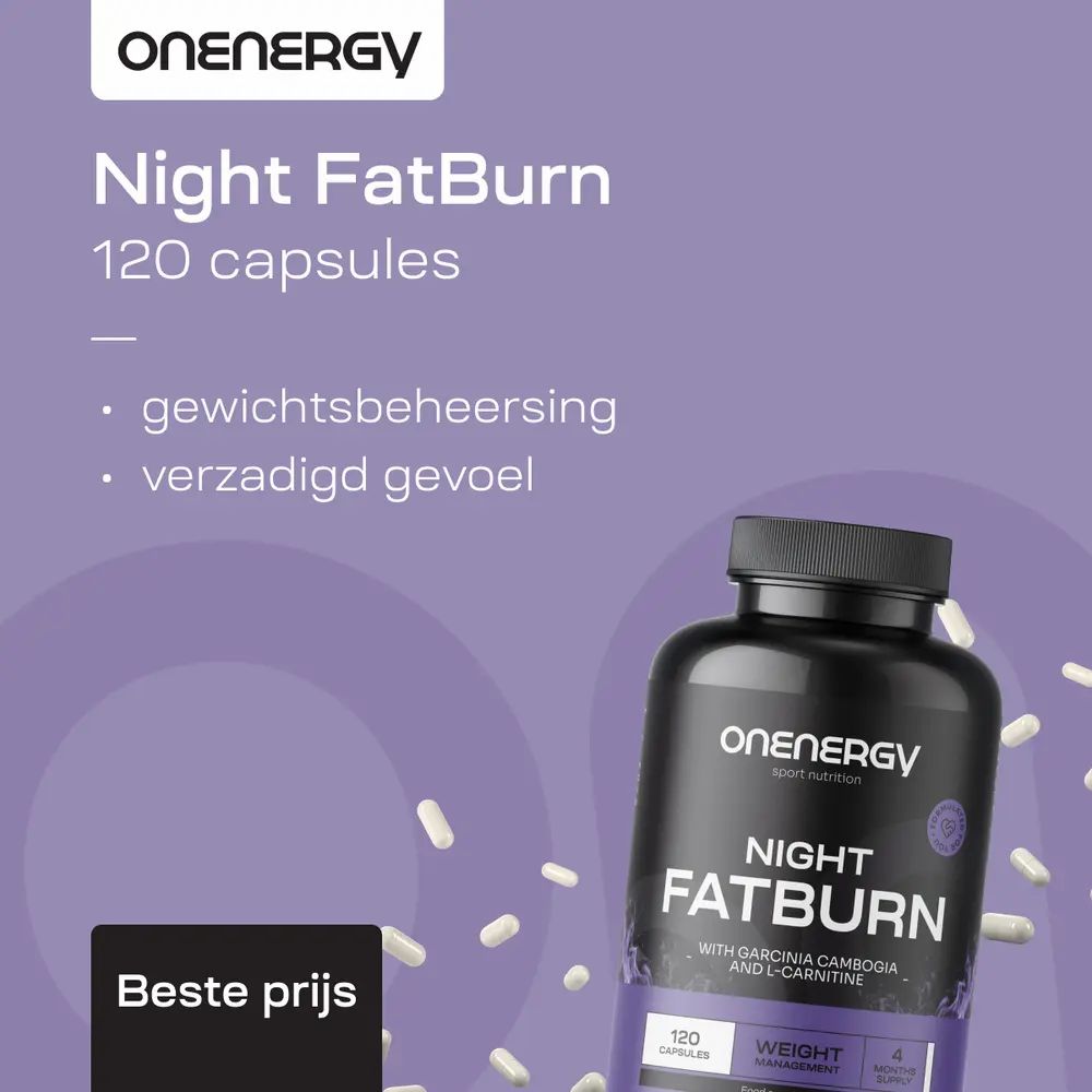 Fles en capsules. Tekst: Night FatBurn, 120 capsules, gewichtsbeheersing, verzadigd gevoel. Beste prijs.