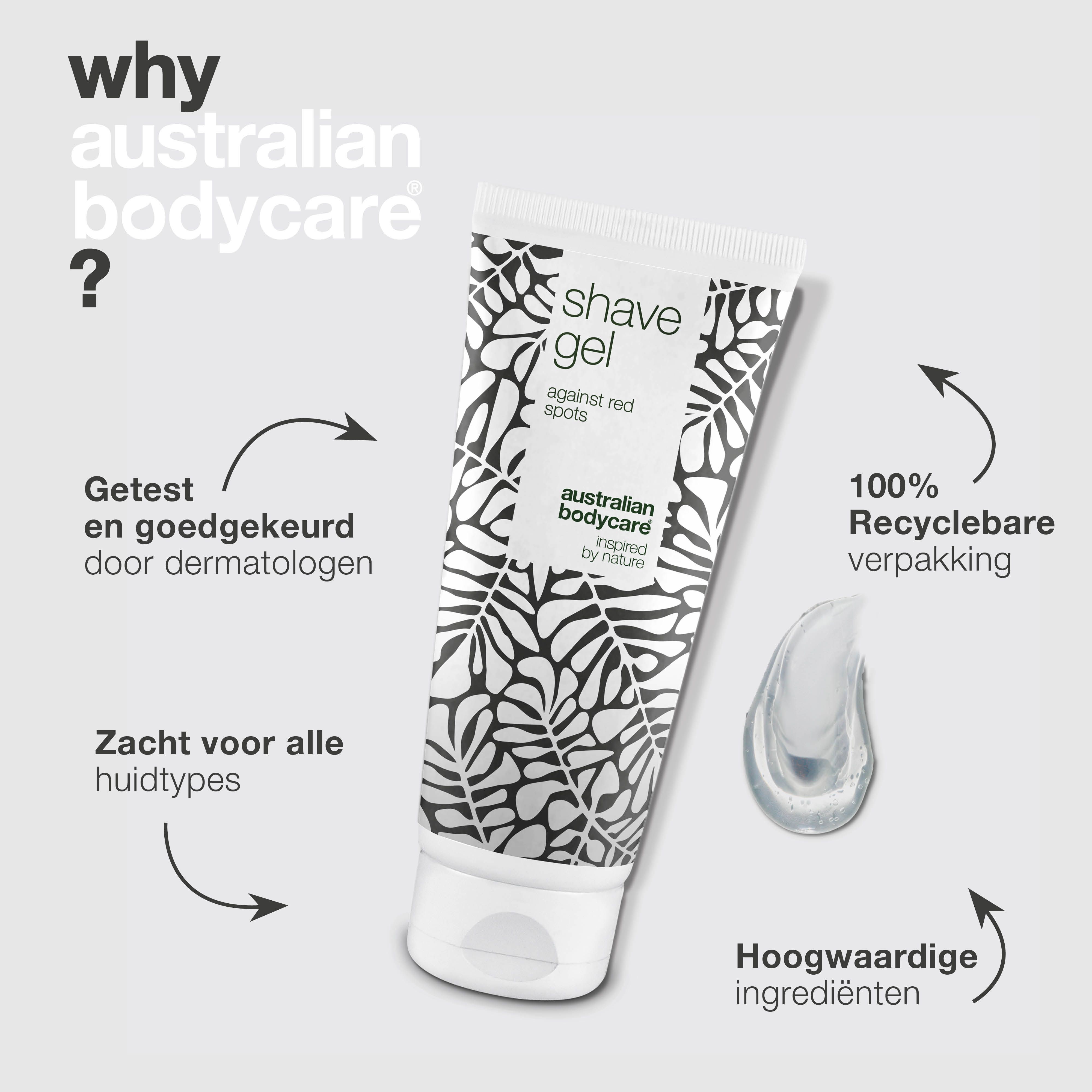 Tube scheergel met tekst en pijlen. Opschrift: shave gel against red spots. Australian Bodycare. 100% recyclebaar.