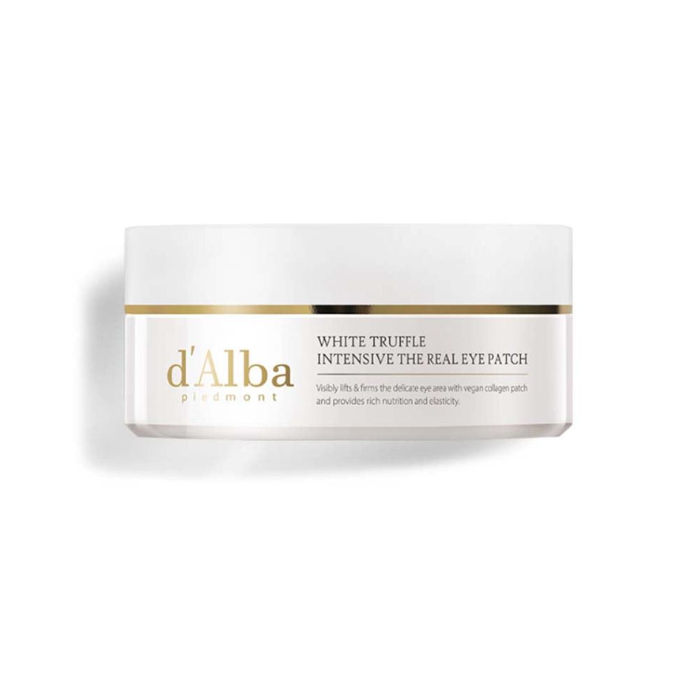 Witte verpakking met tekst: d'Alba White Truffle Intensive the Real Eye Patch. Gouden details.