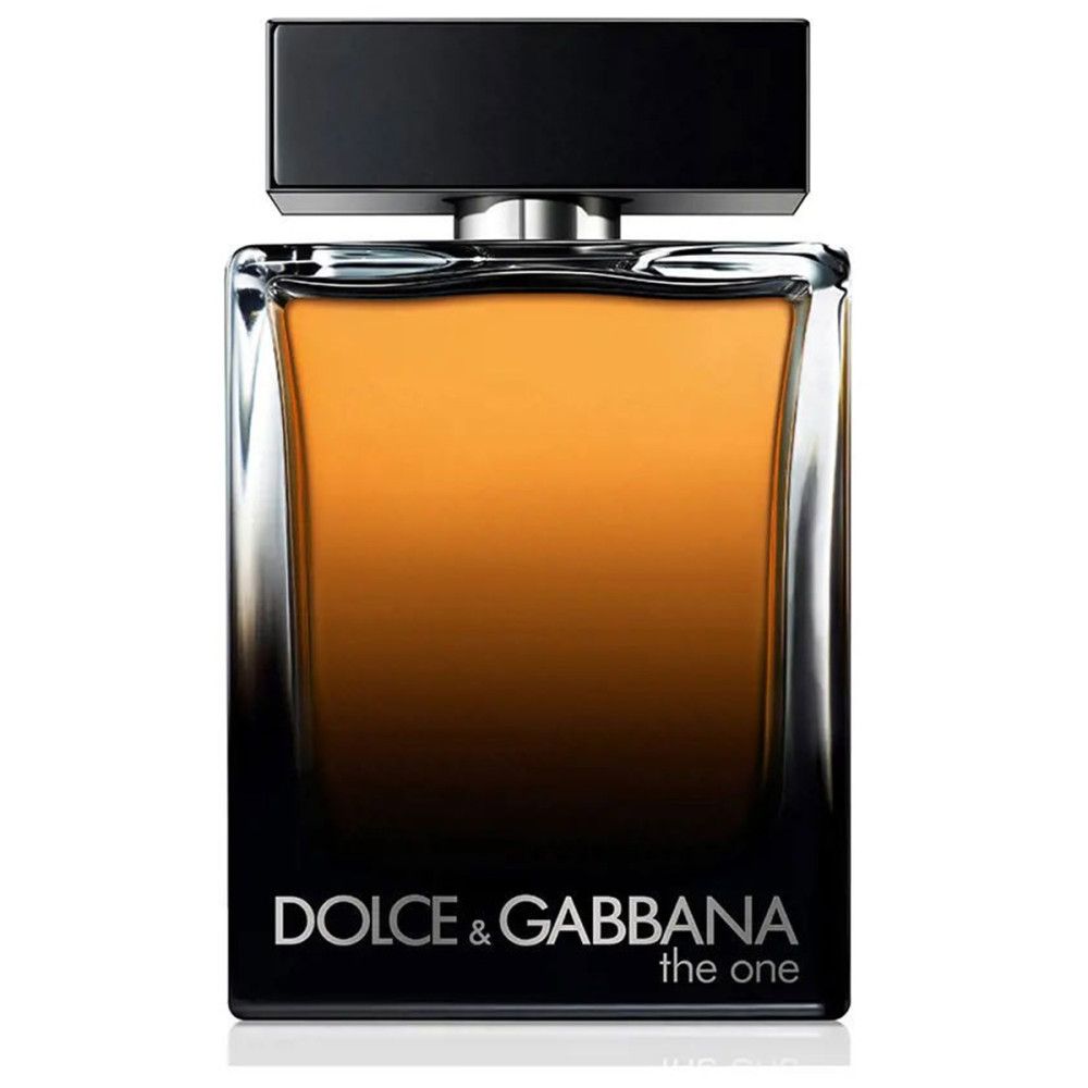 Transparante fles met gouden dop. Gouden tekst: DOLCE & GABBANA the one.