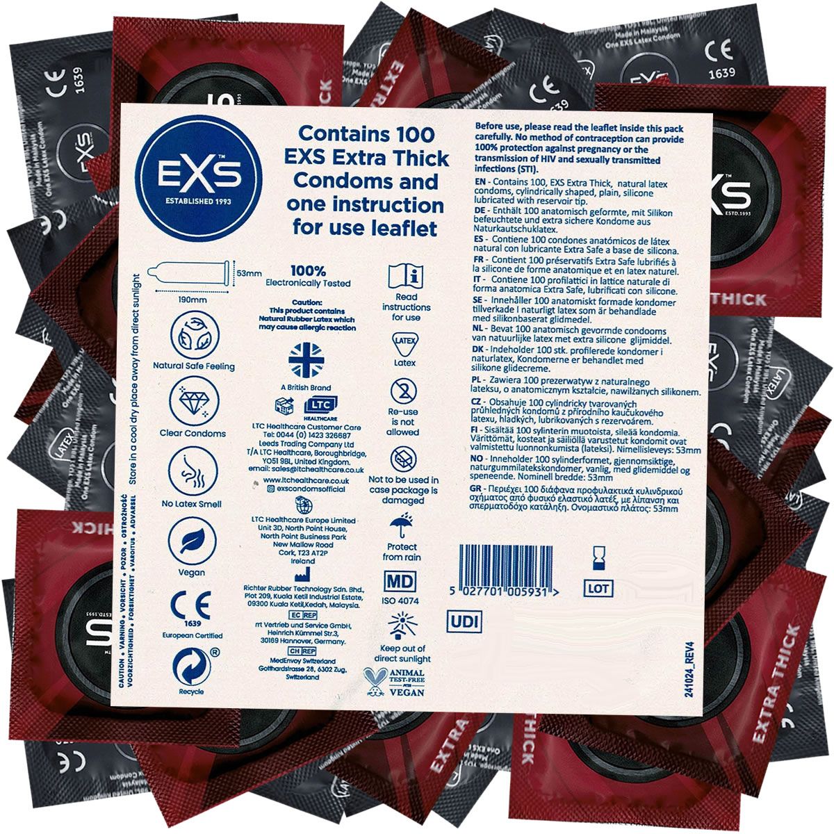 Verpakking met 100 EXS Extra Thick condooms en gebruiksaanwijzing. Bevat informatie over ingrediënten en certificeringen.